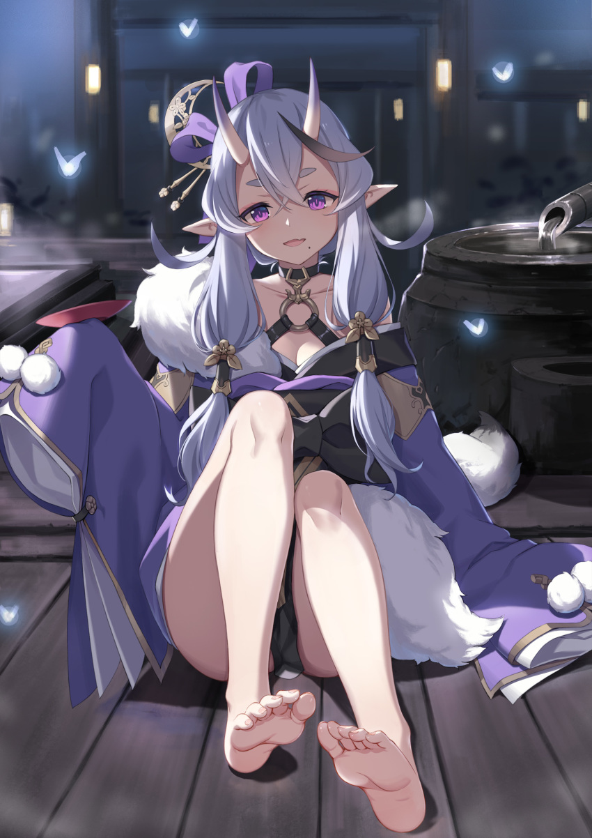 absurdres bare_legs bare_shoulders barefoot baseness black_choker breasts bug choker cleavage cup feet full_body hair_ornament hair_ribbon hair_stick head_tilt highres horns insect japanese_clothes kimono knees_up lantern lavender_hair long_hair looking_at_viewer mole night nijisanji o-ring parted_lips pointy_ears purple_eyes purple_kimono purple_ribbon ribbon rindou_mikoto sakazuki short_eyebrows sidelocks sitting sleeves_past_fingers sleeves_past_wrists smile soles solo thick_eyebrows virtual_youtuber water wide_sleeves wooden_floor