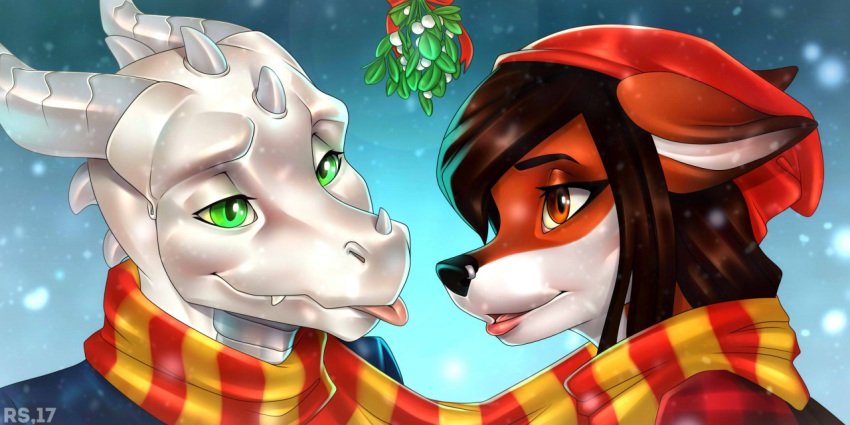 2017 anthro anthro_on_anthro beanie black_eyebrows black_nose blep brown_ears brown_eyebrows brown_eyes brown_hair bust_portrait calypso_(lucduc) canine christmas dragon duo eye_contact eyebrows eyelashes facial_piercing female fox fur green_eyes hair hat holidays horn jay_the_dragon male male/female mammal mistletoe multicolored_fur nose_piercing orange_ears orange_fur piercing pink_lips pink_tongue plant portrait radiant_scar red_fox reptile romantic_couple scales scalie scarf smile snow tongue tongue_out two_tone_ears two_tone_fur white_fur white_scales