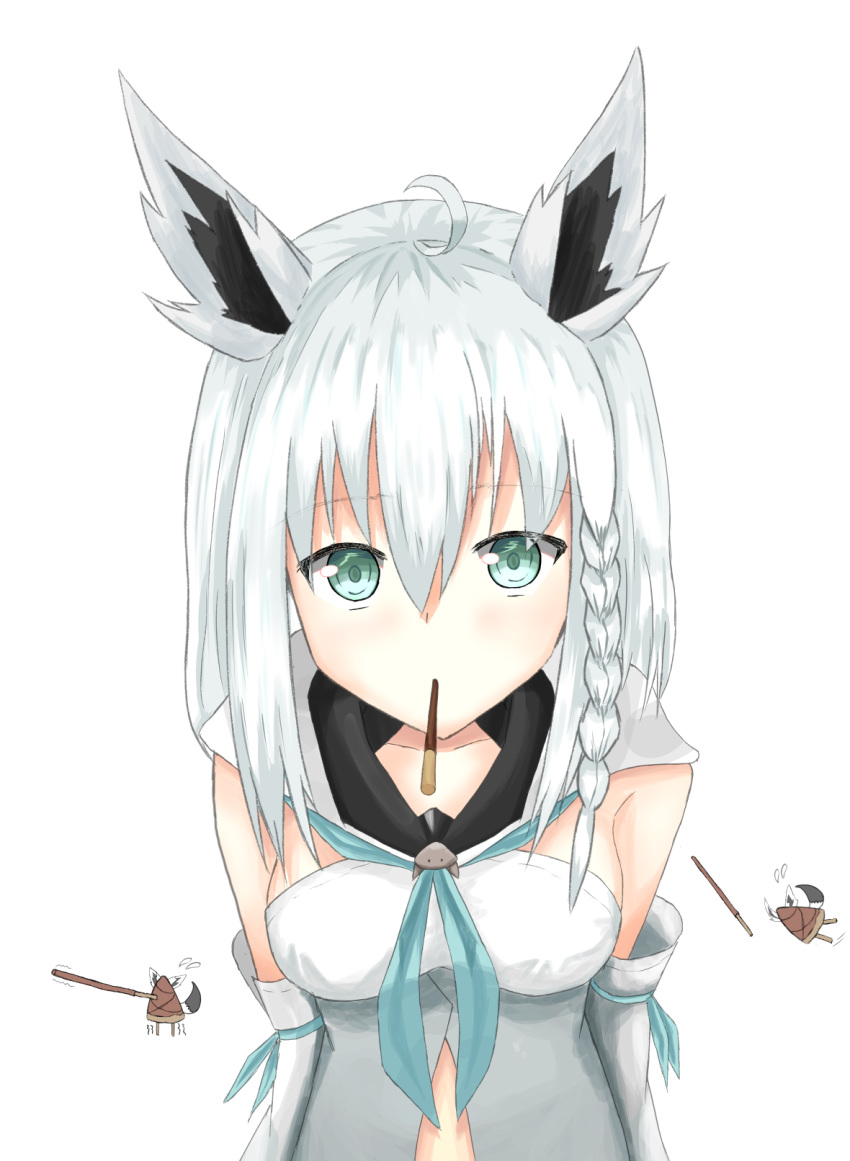 animal_ears blue_eyes braid breasts closed_mouth collarbone commentary_request detached_sleeves food food_in_mouth fox_ears highres hololive incoming_pocky_kiss looking_at_viewer medium_breasts pocky pocky_day pocky_kiss shirakami_fubuki short_hair side_braid simple_background solo white_background