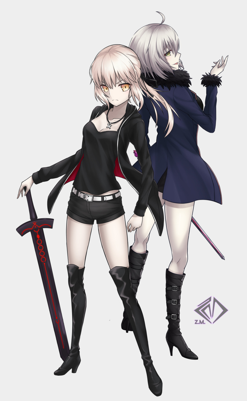 :d absurdres ahoge artoria_pendragon_(all) back-to-back belt black_dress black_footwear black_jacket black_shirt black_shorts blue_jacket boots breasts brown_eyes cleavage collarbone dark_excalibur dress fate/grand_order fate_(series) floating_hair fur_trim grey_background hand_on_hilt high_heel_boots high_heels highres hood hood_down hooded_jacket jacket jeanne_d'arc_(alter)_(fate) jeanne_d'arc_(fate)_(all) jewelry knee_boots long_hair looking_at_viewer looking_back medium_breasts multiple_girls necklace open_clothes open_jacket open_mouth saber_alter shirt short_dress short_hair short_shorts shorts silver_hair simple_background smile standing sword weapon yellow_eyes z.m._(school913102)