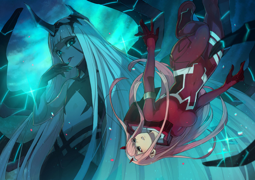 2girls bangs black_pants blunt_bangs bodysuit breasts covered_navel dark_skin darling_in_the_franxx facial_mark flat_chest floating_hair green_eyes groin kusano_shinta long_hair looking_at_viewer looking_to_the_side lowleg lowleg_pants medium_breasts midriff multiple_girls navel pants parted_lips pink_hair red_bodysuit shiny shiny_hair silver_hair stomach tongue tongue_out very_long_hair zero_two_(darling_in_the_franxx)