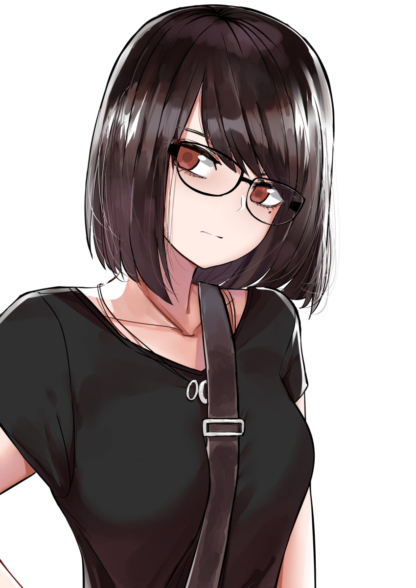 :/ arm_at_side black-framed_eyewear black_shirt bob_cut brown_eyes glasses highres jewelry looking_at_viewer mole mole_under_eye necklace norman_maggot original shirt short_hair simple_background solo upper_body white_background
