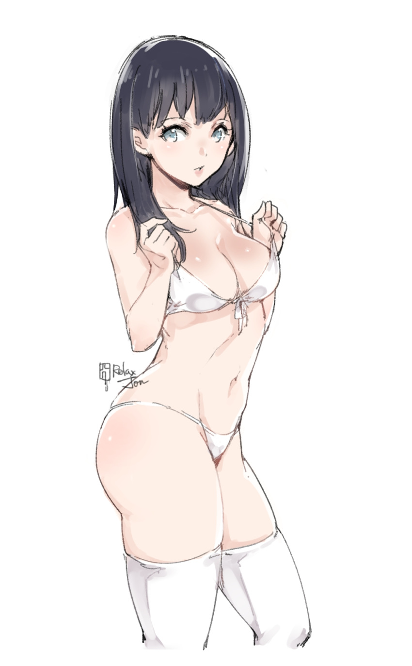 bare_shoulders bikini black_hair blue_eyes breasts commentary_request highres long_hair looking_at_viewer medium_breasts navel parted_lips relaxjon signature simple_background skindentation solo ssss.gridman swimsuit takarada_rikka thighs white_background white_bikini