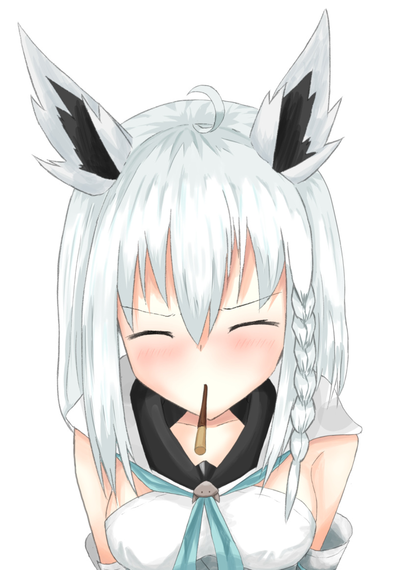 animal_ears blush braid breasts closed_mouth collarbone detached_sleeves facing_viewer food food_in_mouth fox_ears highres hololive incoming_pocky_kiss medium_breasts pocky pocky_day pocky_kiss shirakami_fubuki solo