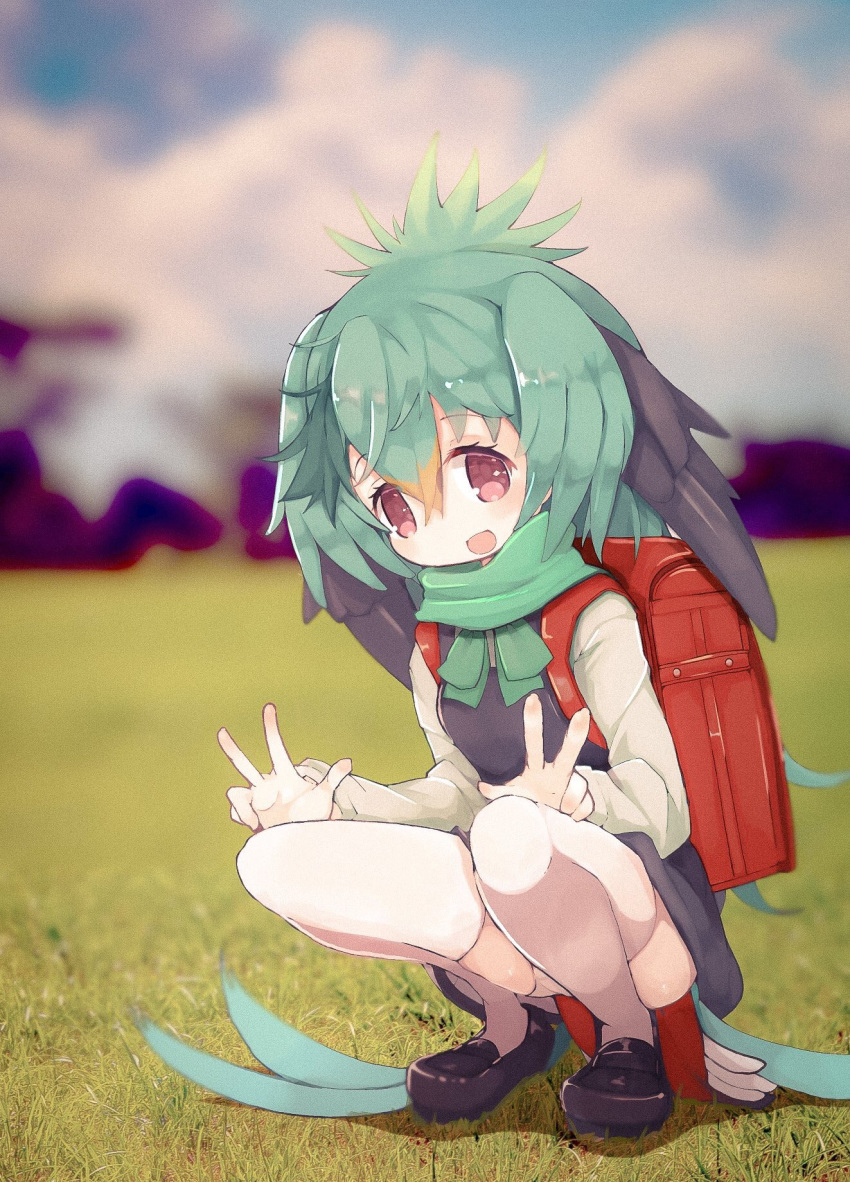 alternate_costume backpack bag bird_tail bird_wings blonde_hair commentary_request double_v dress eyebrows_visible_through_hair green_hair grey_hair head_wings highres kemono_friends loafers long_hair resplendent_quetzal_(kemono_friends) scarf shoes solo squatting teranekosu thighhighs v wings