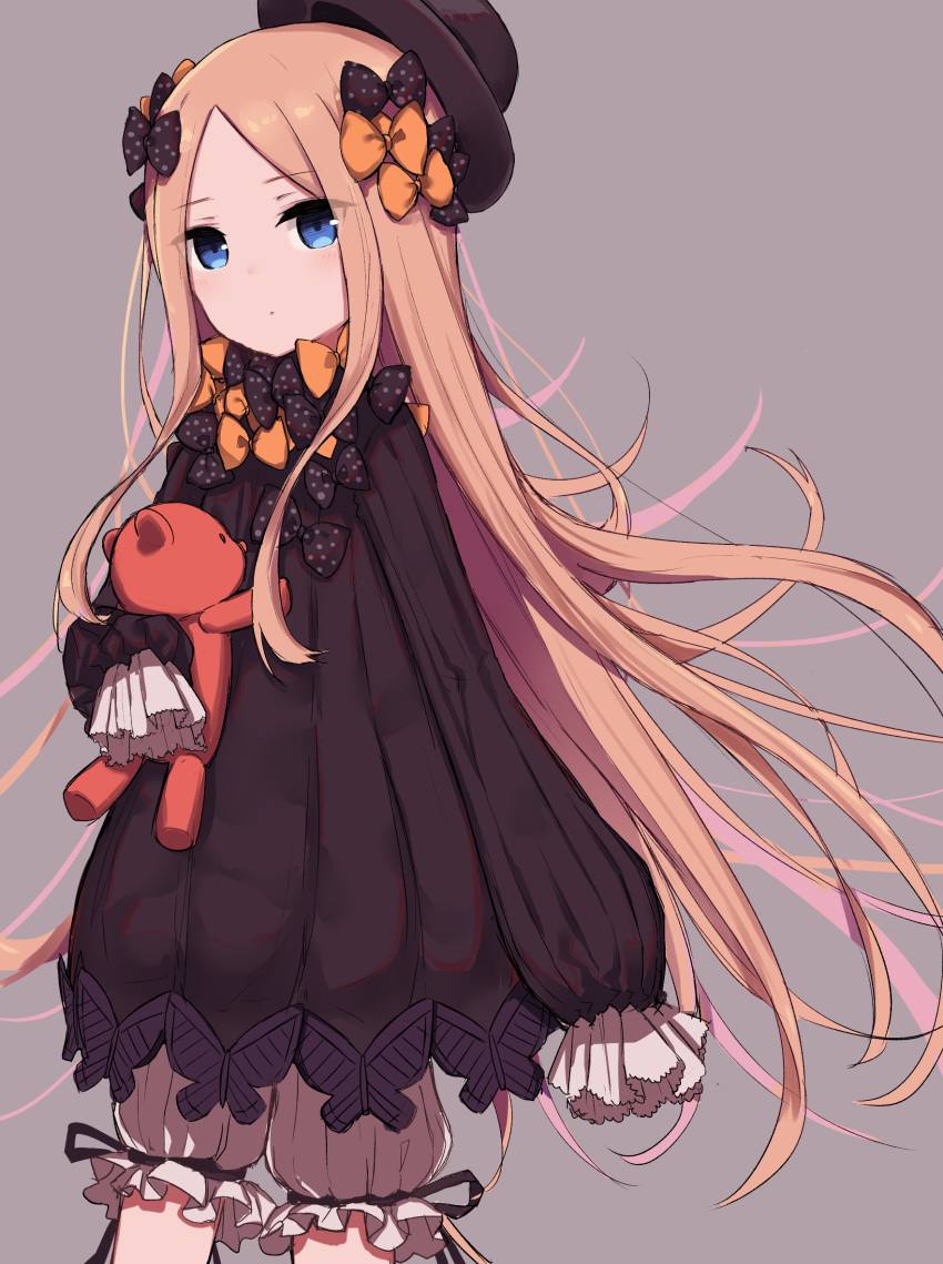abigail_williams_(fate/grand_order) bangs black_bow black_dress black_hat blonde_hair bloomers blue_eyes blush bow bug butterfly closed_mouth commentary_request coraman dress fate/grand_order fate_(series) forehead grey_background hair_bow hat head_tilt highres insect long_hair long_sleeves looking_at_viewer object_hug orange_bow parted_bangs polka_dot polka_dot_bow simple_background sleeves_past_fingers sleeves_past_wrists solo stuffed_animal stuffed_toy teddy_bear underwear very_long_hair white_bloomers