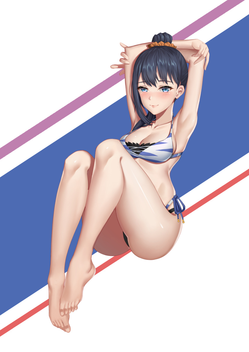 absurdres animal_print armpits arms_behind_head ass barefoot bikini black_bikini_bottom black_hair blue_eyes eiba_(pixiv4386678) full_body hair_ornament hair_scrunchie highres long_hair mismatched_bikini multicolored multicolored_background orange_scrunchie ponytail scrunchie side-tie_bikini sitting solo ssss.gridman swimsuit takarada_rikka tiger_print