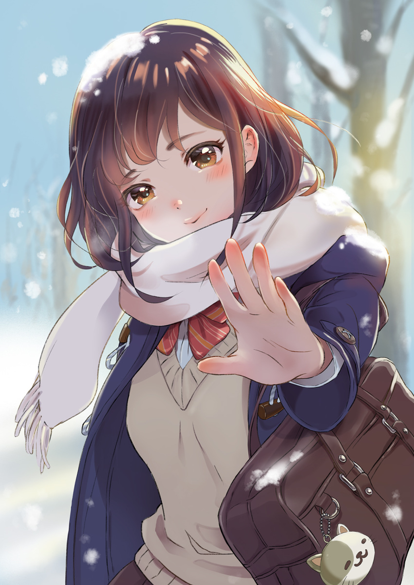 bag bag_charm bare_tree blue_coat blue_sky blurry blurry_background blush bow brown_eyes brown_hair charm_(object) handbag highres looking_at_viewer medium_hair original outdoors red_bow scarf school_uniform sky snow snow_on_head solo standing sweater_vest tanaka_dolphin tree white_scarf