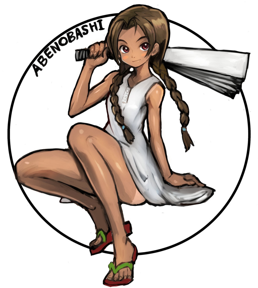 abenobashi_mahou_shoutengai arm_support asahina_arumi bare_arms braid brown_eyes brown_hair commentary commentary_request dakusuta dress fan full_body highres holding long_hair paper_fan sandals solo tan twin_braids white_background white_dress
