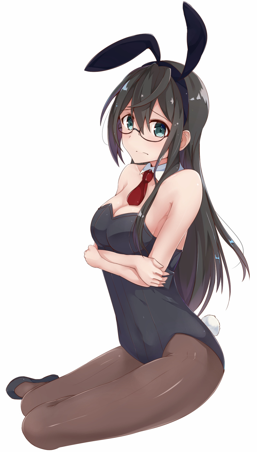 animal_ears black_footwear black_hair breasts brown_legwear bunny_ears bunny_girl bunny_tail bunnysuit commentary_request fake_animal_ears fake_tail full_body glasses highres kantai_collection long_hair looking_at_viewer medium_breasts necktie ooyodo_(kantai_collection) pantyhose red_neckwear shoes simple_background solo tail white_background yoriha_yashiro