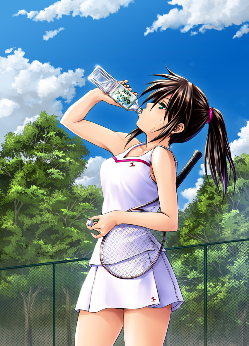 aqua_eyes arm_up bare_shoulders blue_sky blush bottle breasts brown_hair chain-link_fence cloud collarbone contrapposto cowboy_shot day drinking fence high_ponytail highres mid_knight original outdoors pleated_skirt ponytail profile racket shiny shiny_skin shirt sidelocks skirt sky sleeveless sleeveless_shirt solo sportswear standing sweat tennis tennis_racket tennis_uniform tree water_bottle white_shirt white_skirt