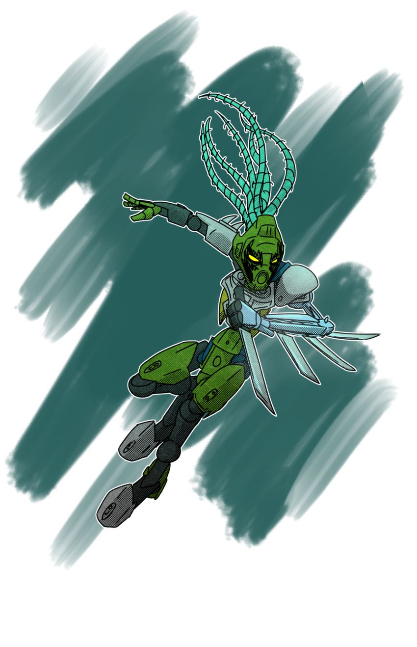 2018 armor bionicle bioniclechicken cybernetics cyborg dagger digital_drawing_(artwork) digital_media_(artwork) female green_body green_hair hair holding_object holding_weapon humanoid lariska lego long_hair machine mask mechanical_arm melee_weapon not_furry prosthetic prosthetic_arm robot simple_background solo standing weapon white_background yellow_eyes