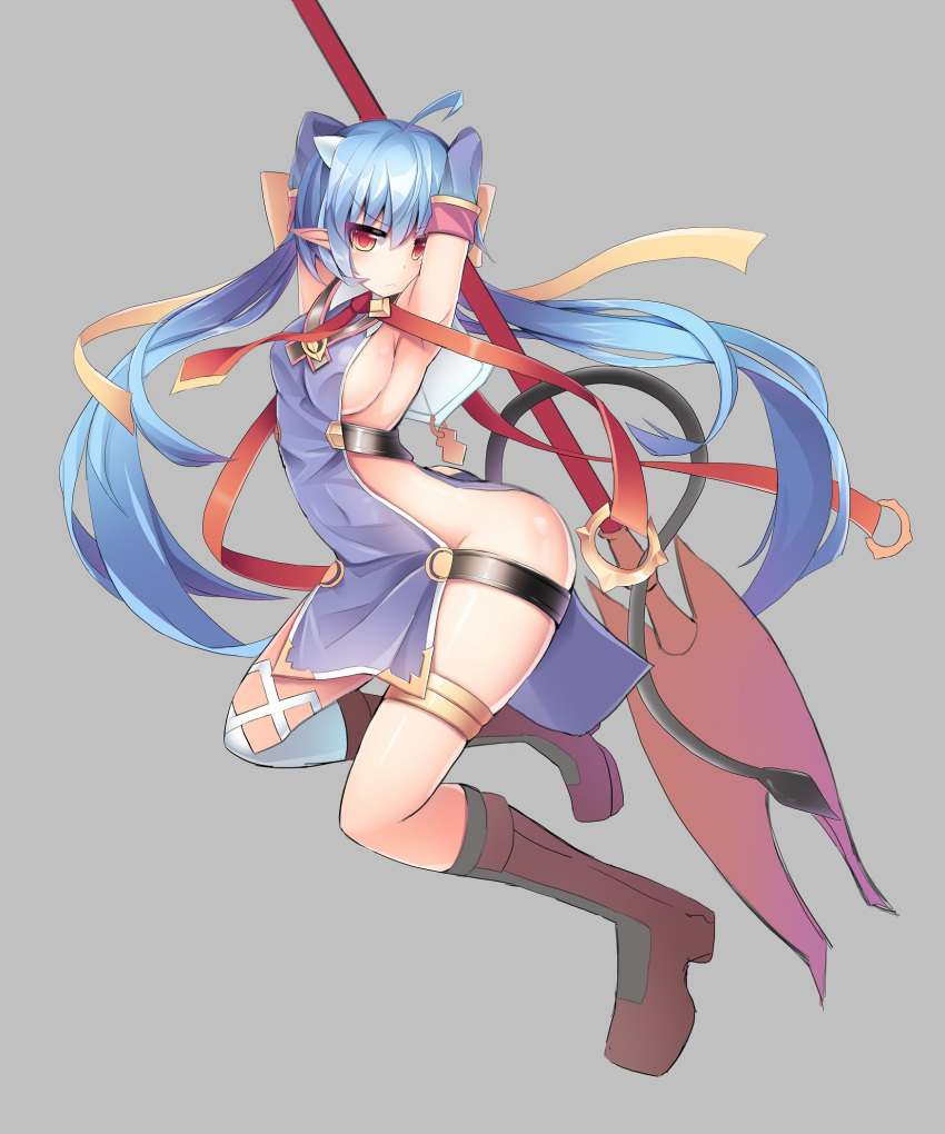 arms_up axe blue_hair bow breasts brown_footwear elbow_gloves epic7 full_body gloves grey_background hair_bow highres holding holding_axe long_hair looking_at_viewer medium_breasts pigat pointy_ears ravirihiseea_vizzall_(epic7) red_eyes sideboob simple_background single_thighhigh solo tail thighhighs very_long_hair white_legwear yellow_bow