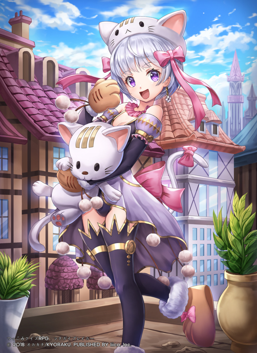 animal_ears animal_hat bare_shoulders black_legwear blue_sky bow breasts cat cat_ears cat_hat cat_tail chimney city company_name dated day detached_sleeves earrings flower_earrings gloves hat highres holding holding_cat house jewelry looking_at_viewer lunacle machigai_breaker official_art outdoors paw_boots paw_gloves paws pink_bow plant potted_plant purple_eyes rooftop silver_hair sky small_breasts standing standing_on_one_leg tail tail_bow watermark