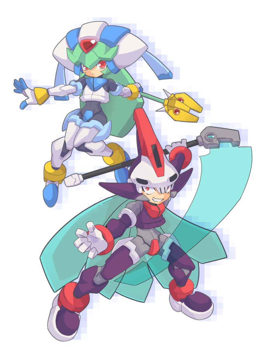 1girl android commentary_request energy_blade full_body gloves grin helmet highres holding holding_scythe holding_staff holding_weapon knees_together_feet_apart omeehayo outstretched_arm pandora_(rockman) power_armor prometheus red_eyes rockman rockman_zx scythe simple_background smile staff weapon white_background white_gloves