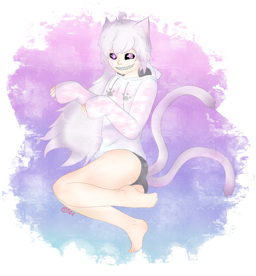 2018 add albino animal_humanoid baggy_clothes bare_legs black_sclera butt cat_humanoid clothing digital_media_(artwork) elsword feline girly humanoid looking_at_viewer male mammal not_furry simple_background solo thegaycactus underwear video_games