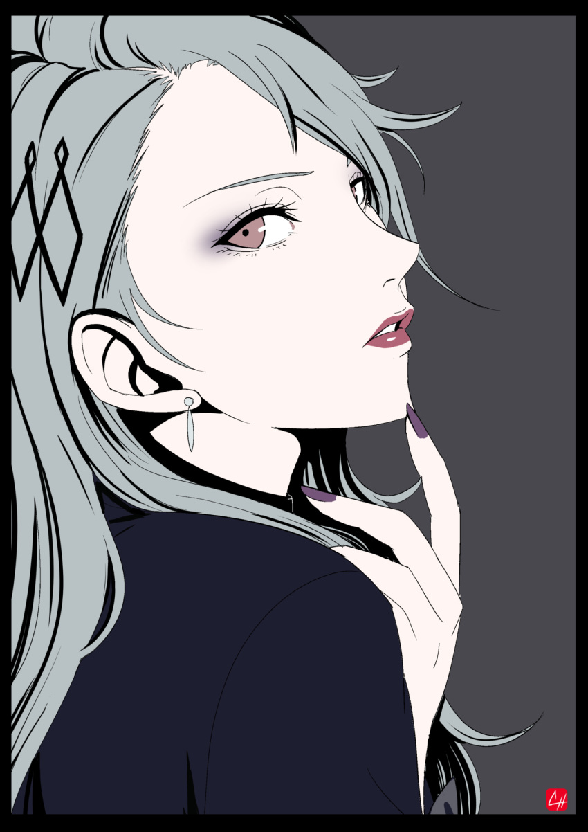 chris_re5 earrings formal grey_hair highres jewelry lips lipstick long_hair looking_at_viewer makeup nail_polish niijima_sae persona persona_5 red_eyes simple_background solo suit
