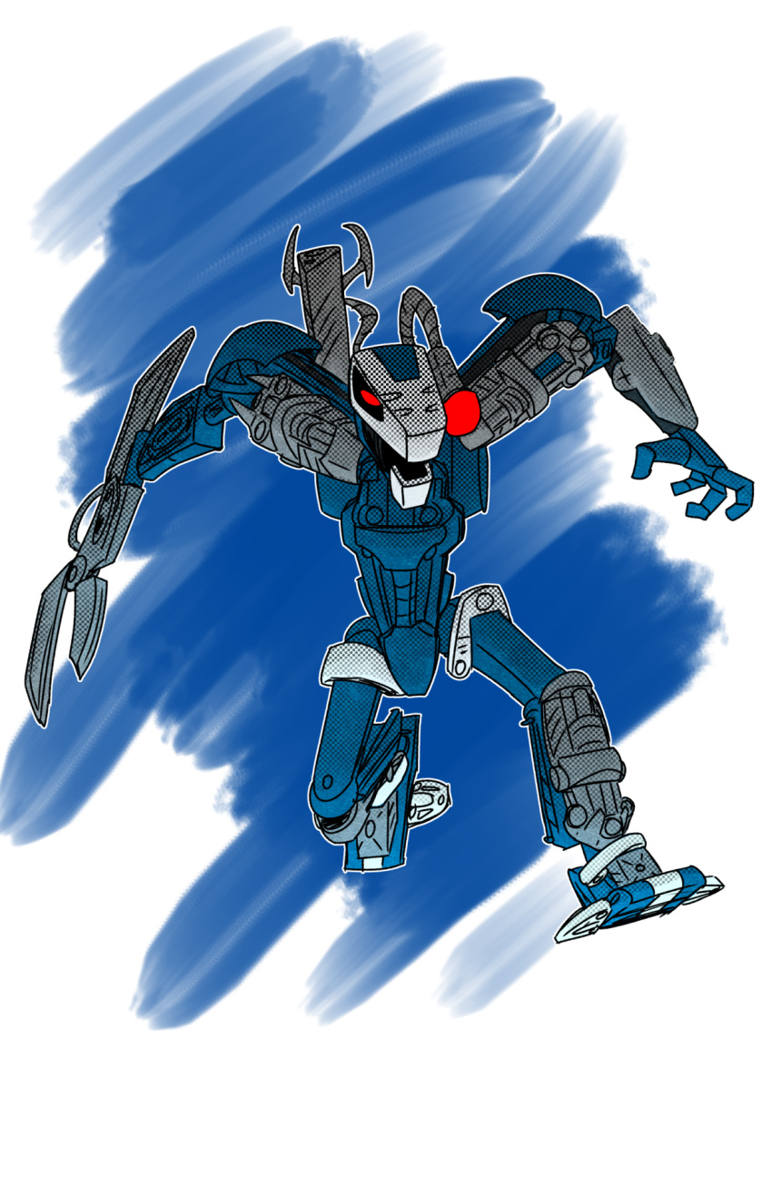 armor bionicle bioniclechicken blue_body digital_drawing_(artwork) digital_media_(artwork) holding_object holding_weapon humanoid krekka lego looking_at_viewer machine male multicolored_body not_furry open_mouth ranged_weapon red_eyes robot simple_background solo standing weapon white_background