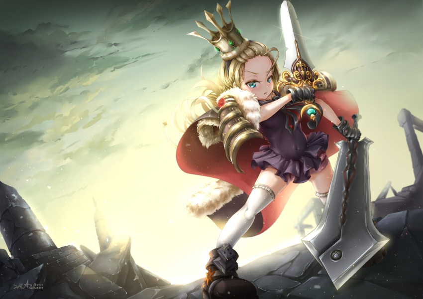 &gt;:) ahoge armor artist_name black_gloves blonde_hair blue_eyes breasts brown_footwear cape charlotte_of_la_mare cloud covered_navel crown dated day dual_wielding epic7 fighting_stance full_body fur_trim gloves highres holding holding_sword holding_weapon hue301 outdoors red_cape rubble small_breasts standing sword thighhighs weapon white_legwear