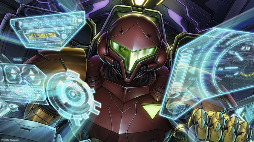 armor artist_request cockpit epic glowing helmet holographic_interface looking_at_viewer metroid metroid:_samus_returns official_art power_armor power_suit samus_aran science_fiction solo visor