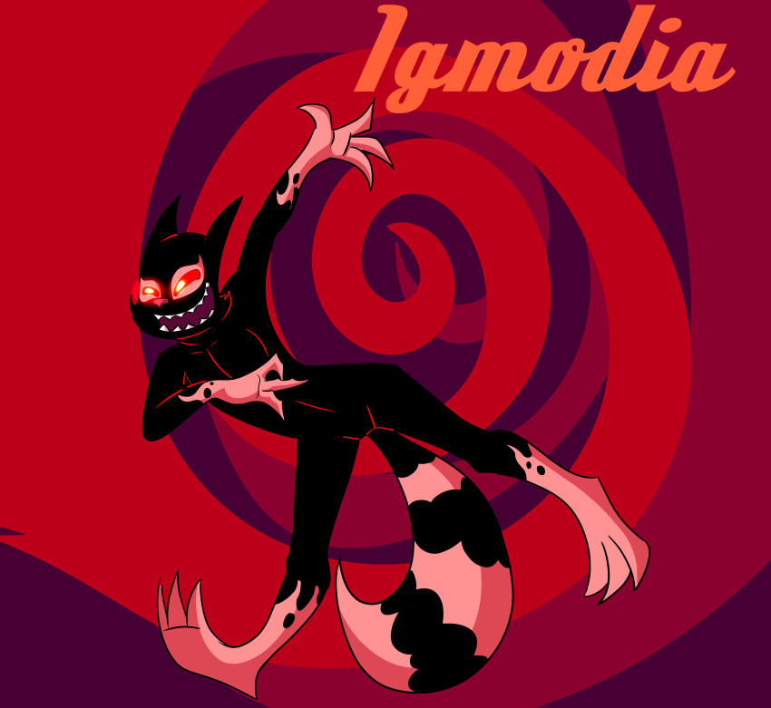 2018 absurd_res anthro black_body claws demon digital_drawing_(artwork) digital_media_(artwork) floating full-length_portrait hi_res igmodia_(redcoonie) incubus male mammal multicolored_body open_mouth portrait pose procyonid raccoon red_eyes redcoonie simple_background smile solo spiral suspended_in_midair teeth toes toony