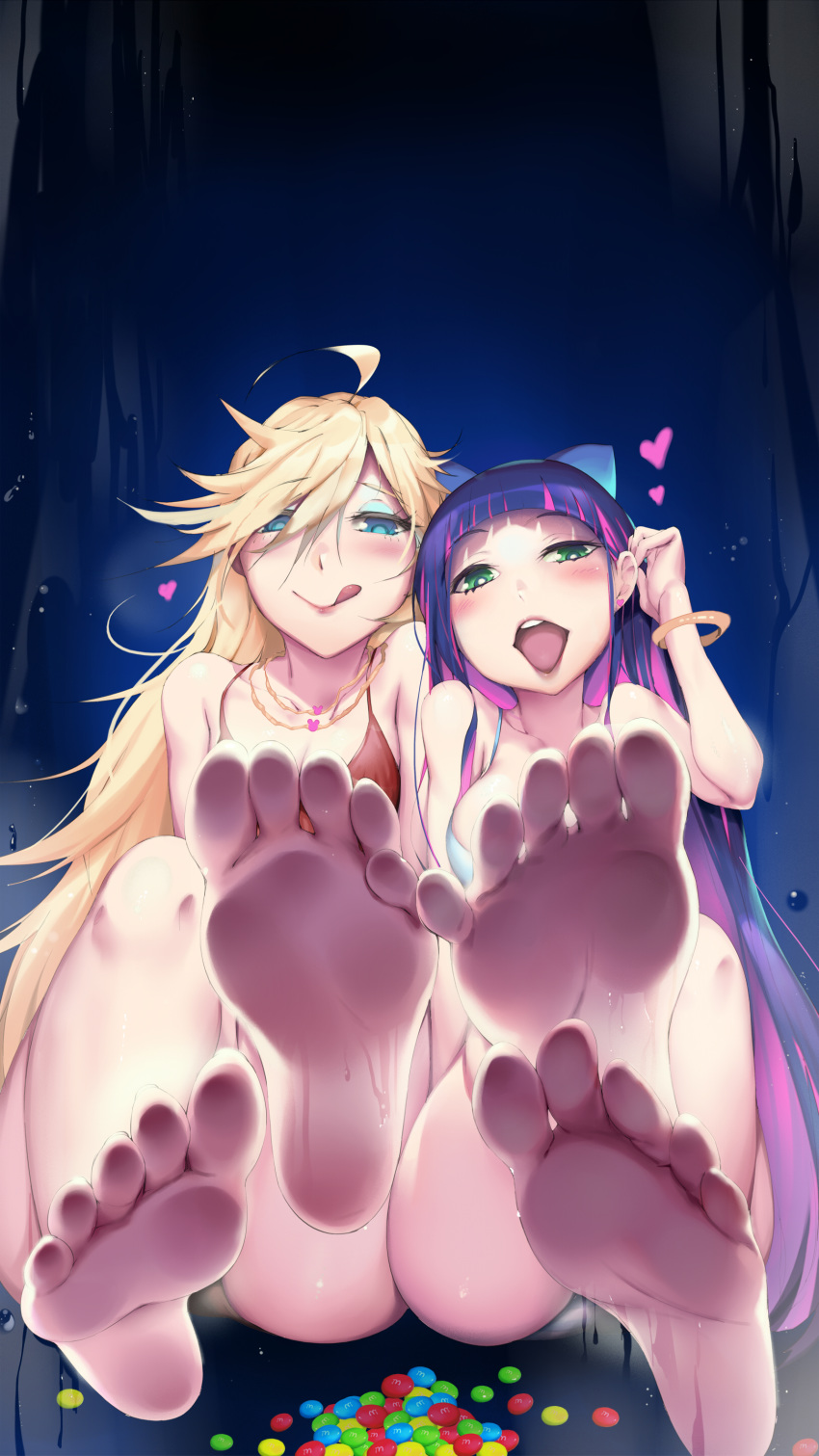 absurdres ass barefoot blonde_hair blush bow candy commentary_request eyeshadow feet food hair_bow heart highres jewelry licking_lips looking_at_viewer m&amp;m's makeup moejin multicolored_hair multiple_girls naughty_face necklace open_mouth panty_&amp;_stocking_with_garterbelt panty_(psg) purple_hair soles stocking_(psg) sweat toes tongue tongue_out two-tone_hair