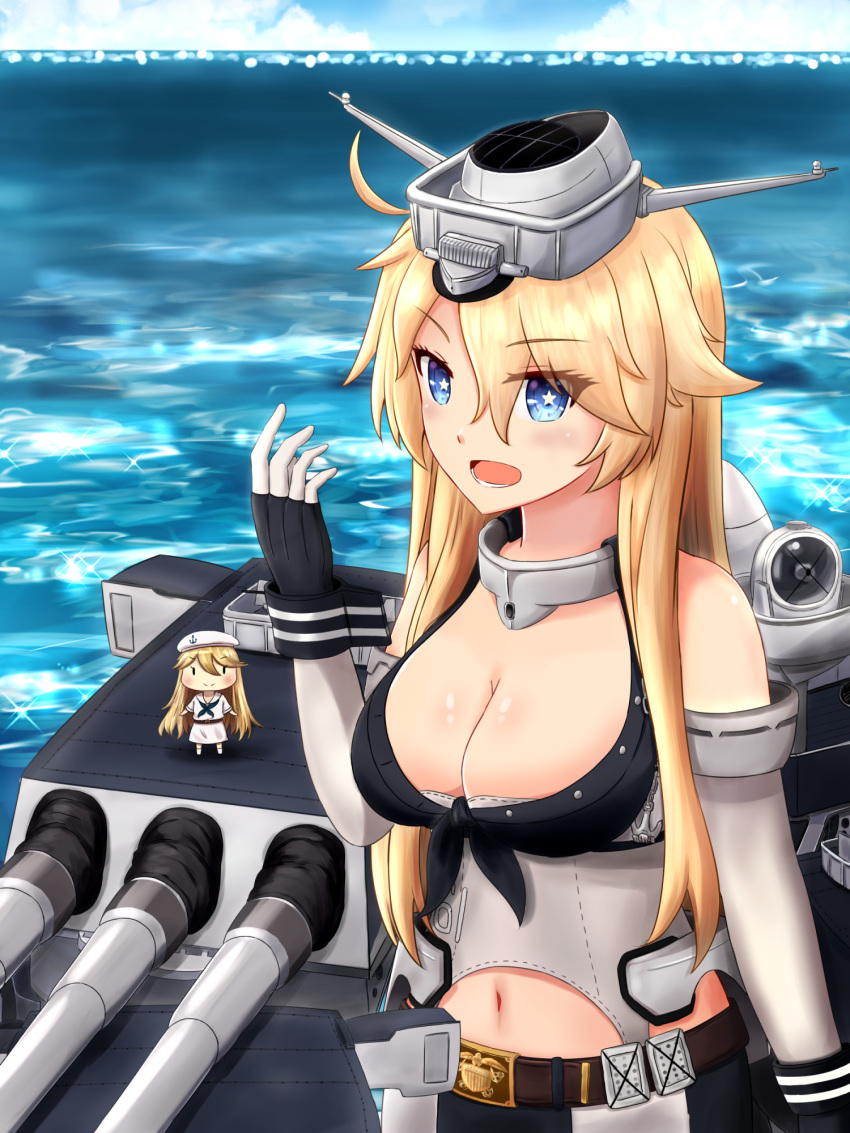 belt_buckle blonde_hair blue_eyes breasts buckle cannon cleavage cowboy_shot elbow_gloves fairy_(kantai_collection) front-tie_top gloves highres iowa_(kantai_collection) kantai_collection kuneamorai large_breasts machinery multiple_girls navel ocean open_mouth smile star star-shaped_pupils symbol-shaped_pupils thighhighs turret