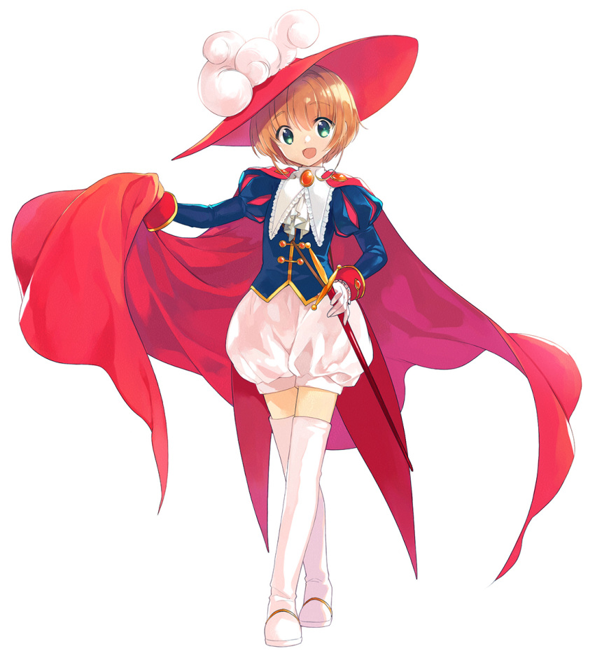 :d akr_et boots brown_hair cardcaptor_sakura cloak full_body gloves green_eyes hat hat_feather head_tilt highres holding holding_sheath kinomoto_sakura long_sleeves looking_at_viewer open_mouth puff_and_slash_sleeves puffy_shorts puffy_sleeves red_cloak red_hat sheath sheathed short_hair short_shorts shorts simple_background smile solo sword thigh_boots thighhighs weapon white_background white_feathers white_footwear white_gloves white_neckwear white_shorts zettai_ryouiki