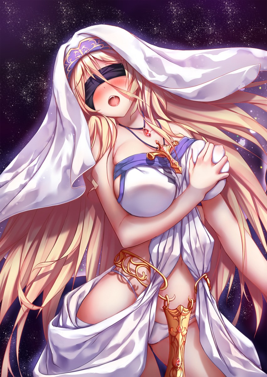 bare_shoulders blonde_hair blush breast_grab breasts chao_wu_xing_xian commentary_request covered_nipples cowboy_shot cross cross_necklace dress goblin_slayer! grabbing highres jewelry large_breasts long_hair necklace no_bra open_mouth panties saliva sleeveless sleeveless_dress solo sword_maiden underwear veil very_long_hair white_dress white_panties