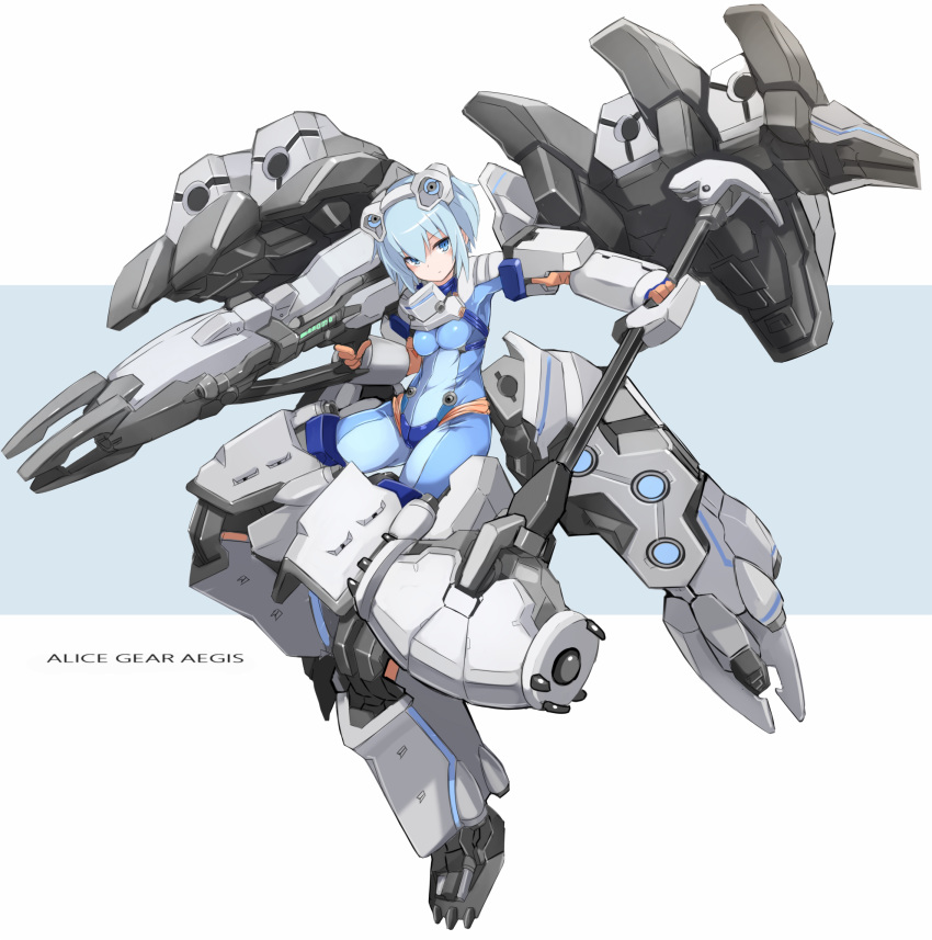 alice_gear_aegis bangs blue_background blue_bodysuit blue_eyes blue_hair bodysuit breasts closed_mouth commentary_request copyright_name eyebrows_visible_through_hair full_body gun hair_between_eyes head_tilt headgear highres holding holding_gun holding_weapon karukan_(monjya) looking_at_viewer mecha_musume medium_breasts nina_kalinina solo two-tone_background weapon white_background