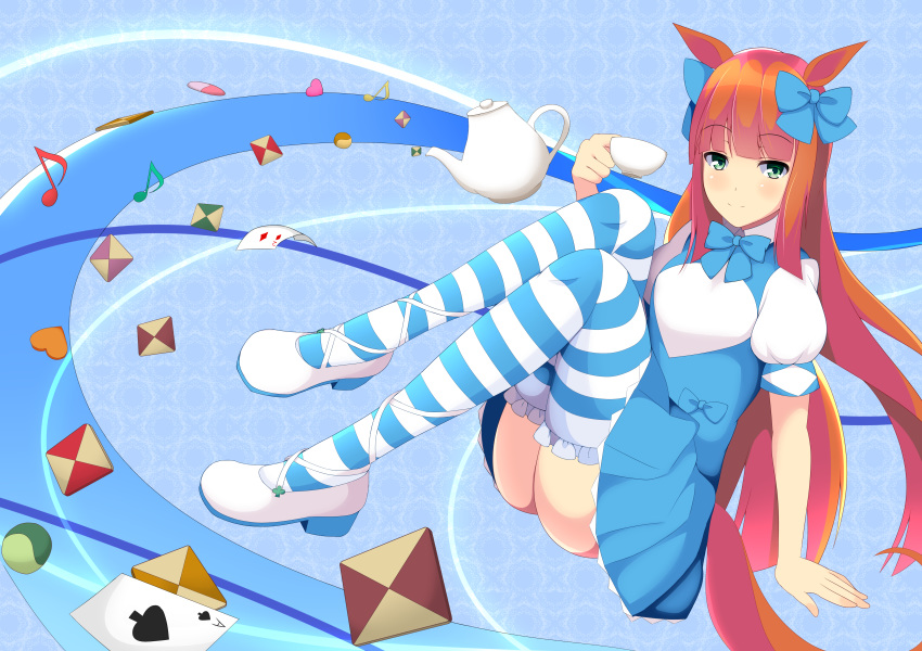 absurdres ace_of_spades animal_ears arm_support bangs blue_background blue_bow blue_dress blue_legwear blue_skirt blunt_bangs bow card checkerboard_cookie cookie cup dress eighth_note food full_body green_eyes hair_bow highres horse_ears horse_tail knees_up looking_at_viewer musical_note playing_card shoes short_sleeves silence_suzuka sitting skirt smile solo striped striped_legwear tail teacup teapot uechirou umamusume white_footwear