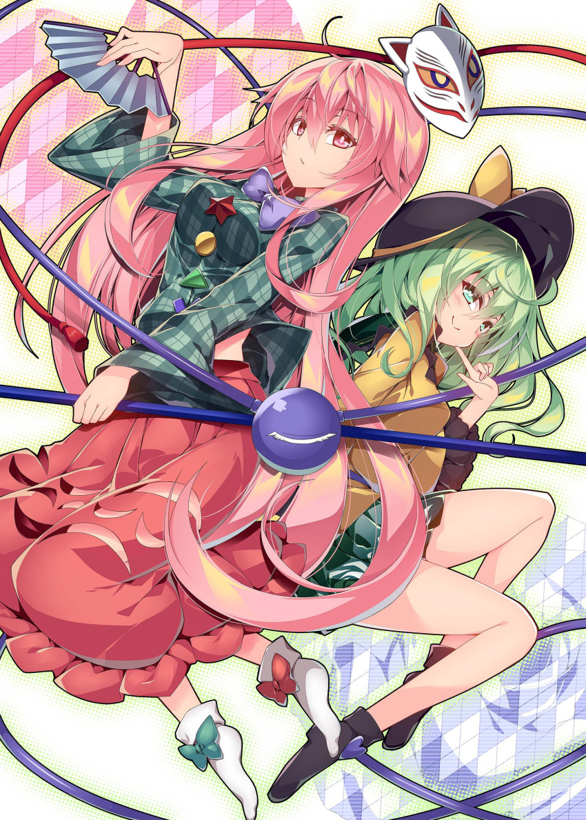 absurdres ahoge bare_legs black_footwear black_hat bow breasts bright_pupils closed_mouth expressionless fan folding_fan fox_mask frilled_sleeves frills green_bow green_eyes green_hair green_shirt green_skirt hair_between_eyes hat hat_bow hata_no_kokoro heart heart-shaped_pupils highres holding holding_fan index_finger_raised komeiji_koishi long_hair long_sleeves looking_at_viewer mask medium_breasts multiple_girls no_shoes pink_eyes pink_hair pink_skirt plaid plaid_shirt red_bow sakurame shirt shoes skirt smile socks star symbol-shaped_pupils touhou very_long_hair white_legwear wide_sleeves yellow_bow yellow_shirt