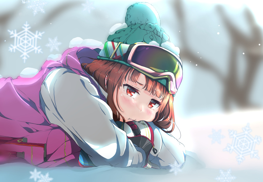 absurdres aqua_hat bangs bare_tree blunt_bangs blurry blurry_background blush brown_hair coat day gloves goggles goggles_on_head highres hood hood_down lying on_stomach original outdoors pink_coat pout red_eyes snow snow_on_body snow_on_head snowflakes solo tree user_eshu4854