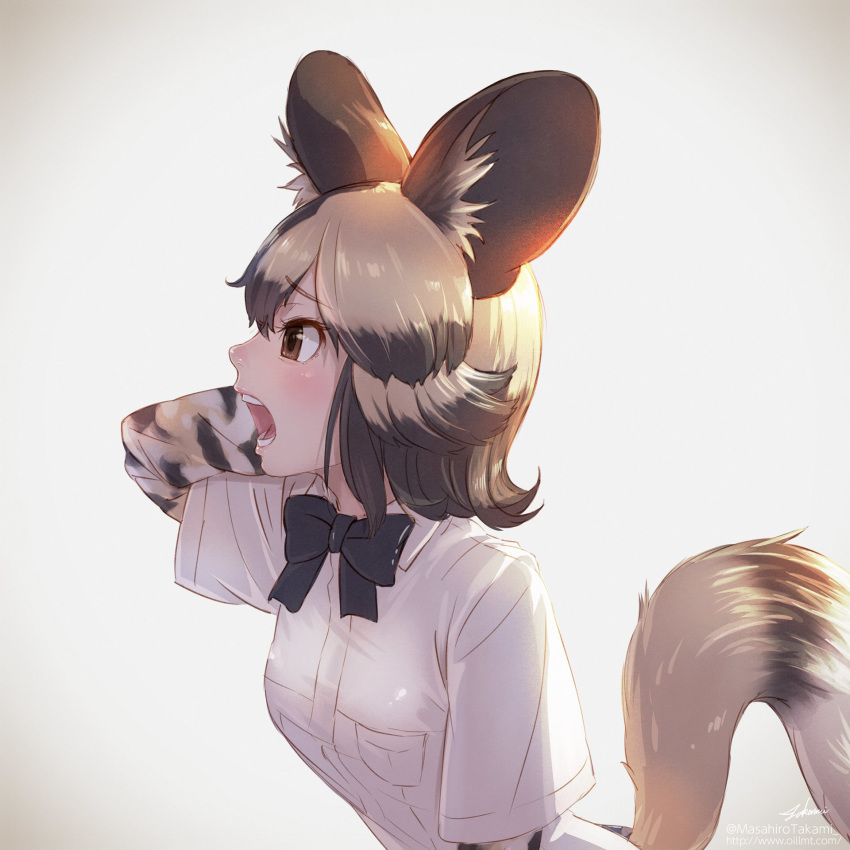 african_wild_dog_(kemono_friends) african_wild_dog_print animal_ear_fluff animal_ears blonde_hair bow bowtie brown_eyes brown_hair collared_shirt commentary_request dog_ears dog_tail eyebrows_visible_through_hair grey_hair hand_behind_head highres kemono_friends long_sleeves multicolored_hair open_mouth profile shirt short_hair short_sleeves solo tail takami_masahiro upper_body