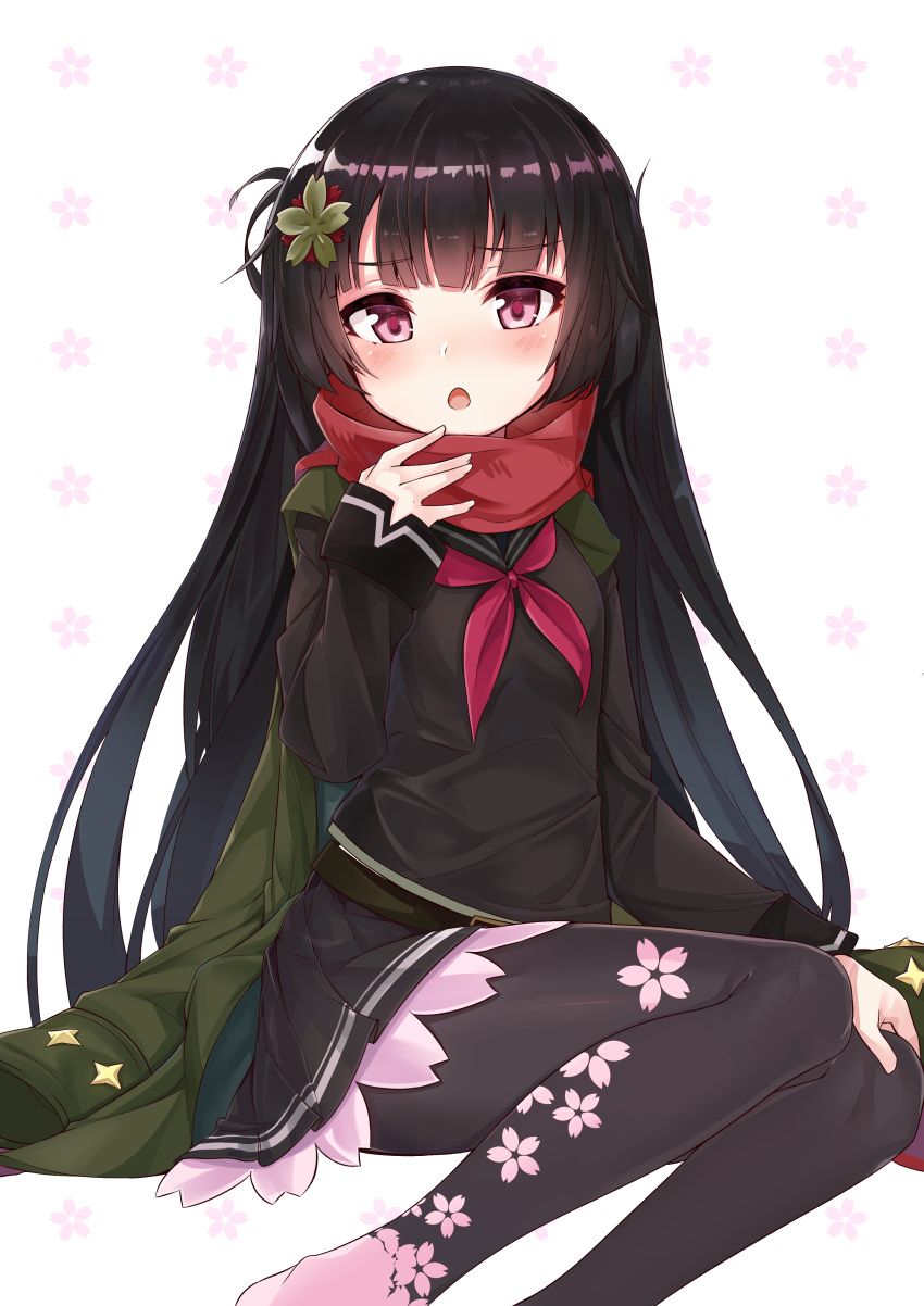 absurdres bangs black_hair black_legwear black_sailor_collar black_serafuku black_shirt black_skirt blush cherry_blossom_print chestnut_mouth commentary_request eyebrows_visible_through_hair feet_out_of_frame fingernails flower girls_frontline green_flower green_jacket hair_flower hair_ornament hand_up highres jacket long_hair long_sleeves looking_at_viewer neckerchief ohshit open_mouth pantyhose pleated_skirt print_legwear red_eyes red_neckwear red_scarf sailor_collar scarf school_uniform serafuku shirt skirt sleeves_past_wrists solo type_100_(girls_frontline) very_long_hair white_background