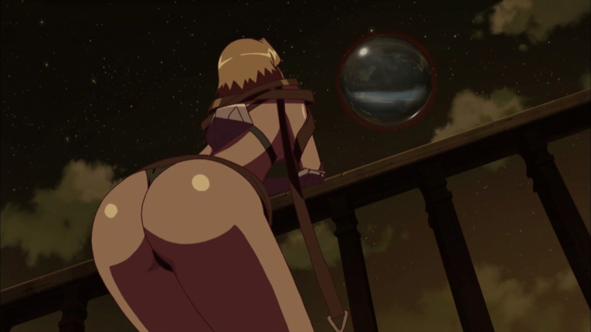 1girl animated animated_gif armor ass ass_shake back black_panties blonde_hair cloud dutch_angle female from_below guard_rail huge_ass legs leina looking_up night panties planet queen's_blade shiny shiny_skin sky solo standing thighs thong underwear