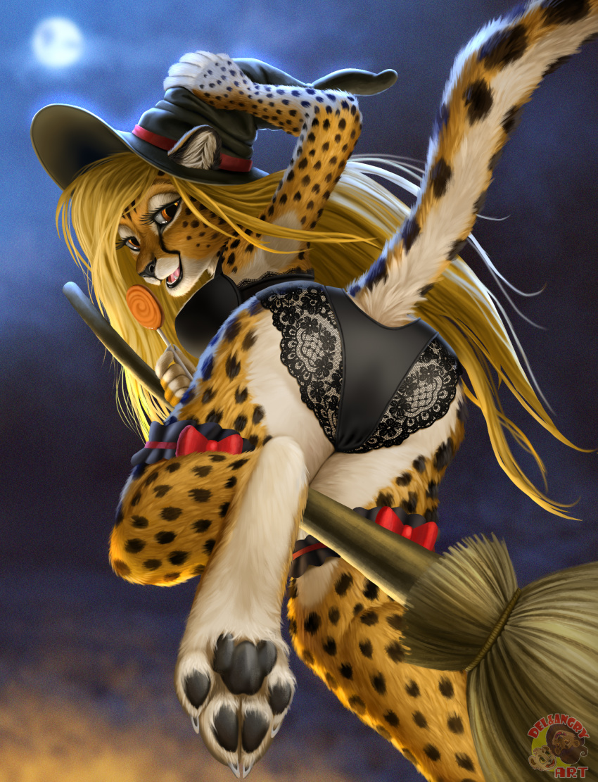4_toes anthro barefoot big_eyes black_bottomwear black_clothing black_pawpads black_spots black_topwear blonde_hair breasts broom broom_riding butt camel_toe candy cat cheetah claws clothed clothing conditional_dnp delkon digital_drawing_(artwork) digital_media_(artwork) digitigrade feline female food fully_clothed fur garter hair halloween hat hi_res hindpaw holidays lingerie lollipop long_hair looking_at_viewer looking_back magic_user mammal mihari multicolored_body multicolored_fur night open_mouth outside panties pawpads paws raised_tail rear_view simple_background smile soles solo spots spotted_body spotted_fur toe_claws toes underwear white_body white_fur witch witch_hat yellow_body yellow_fur