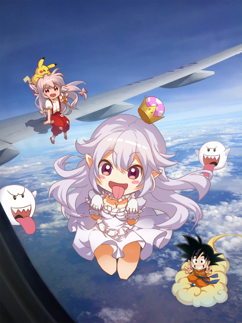 &gt;_&lt; 2girls :d above_clouds aircraft airplane arm_support bangs black_eyes black_hair blue_footwear blue_sash blue_sky blush_stickers boo bow chibi chinese_commentary cloud collar commentary crossover crown day double_v dougi dragon_ball dragon_ball_(classic) dress eyebrows_visible_through_hair flying_nimbus frilled_collar frills fujiwara_no_mokou gen_1_pokemon ghost_pose gloves grin hair_between_eyes hair_bow hands_up highres long_hair looking_at_viewer luigi's_mansion mario_(series) mini_crown multiple_crossover multiple_girls open_mouth outdoors pants pikachu pink_hair pointy_ears pokemon pokemon_(creature) pokemon_on_head princess_king_boo puffy_short_sleeves puffy_sleeves purple_eyes red_footwear red_hair red_pants sash shadow shangguan_feiying sharp_teeth shirt shoes short_sleeves silver_hair sitting sky smile son_gokuu super_crown suspenders teeth tongue tongue_out touhou v very_long_hair white_bow white_collar white_dress white_gloves white_shirt
