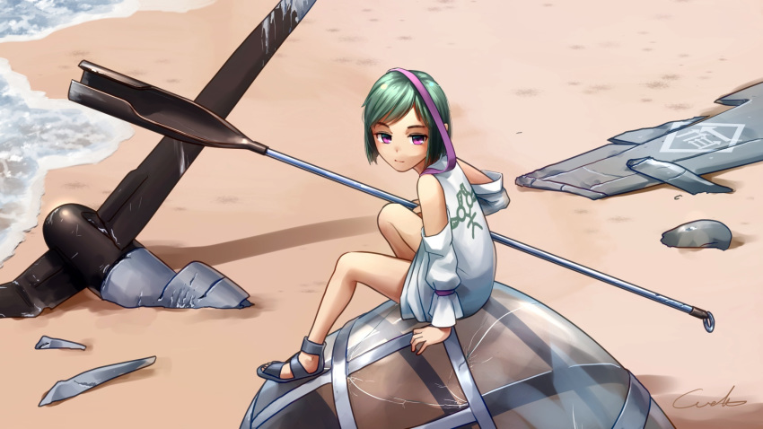 aircraft bare_legs beach commentary_request cracked crash destroyed detached_sleeves green_hair helicopter highres looking_at_viewer original purple_eyes rotor sand sandals short_hair sitting smile water welt_(kinsei_koutenkyoku)