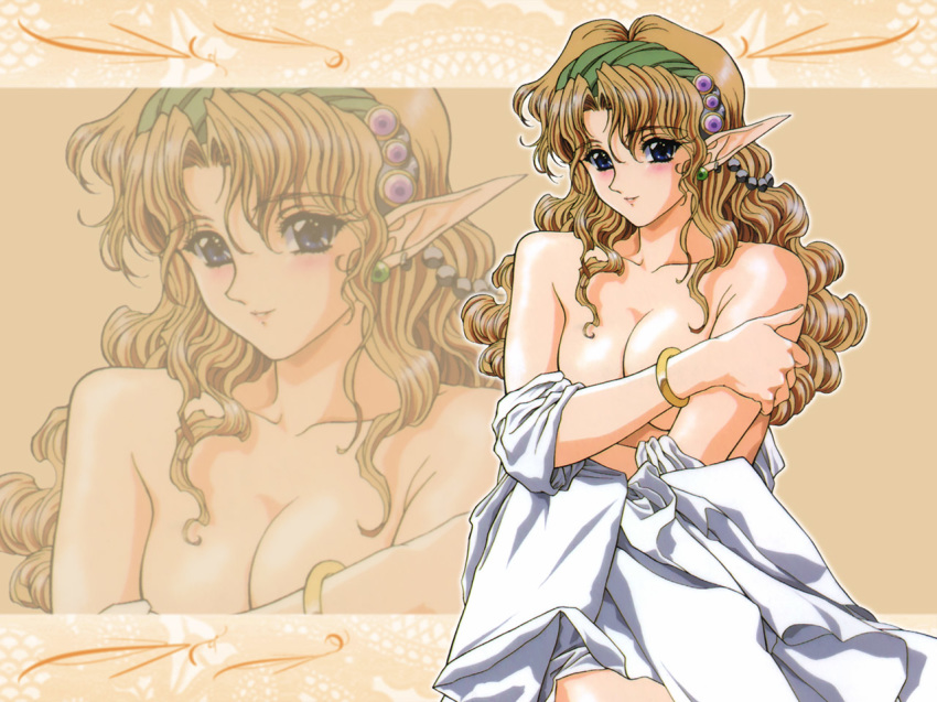 blonde_hair blue_eyes blush bracelet breasts covering covering_breasts earrings elf eyebrows_visible_through_hair hairband jewelry light_smile long_hair medium_breasts off_shoulder pointy_ears shiny shiny_skin solo yoshizane_akihiro zoom_layer
