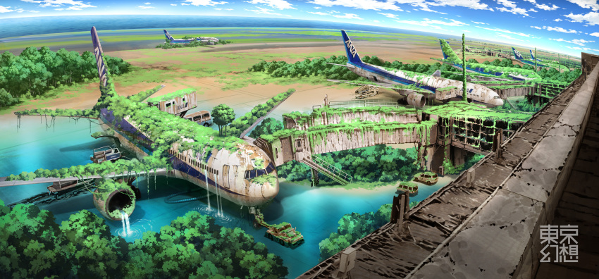 aircraft building car landscape nobody original ruins scenic sky tokyogenso tree water