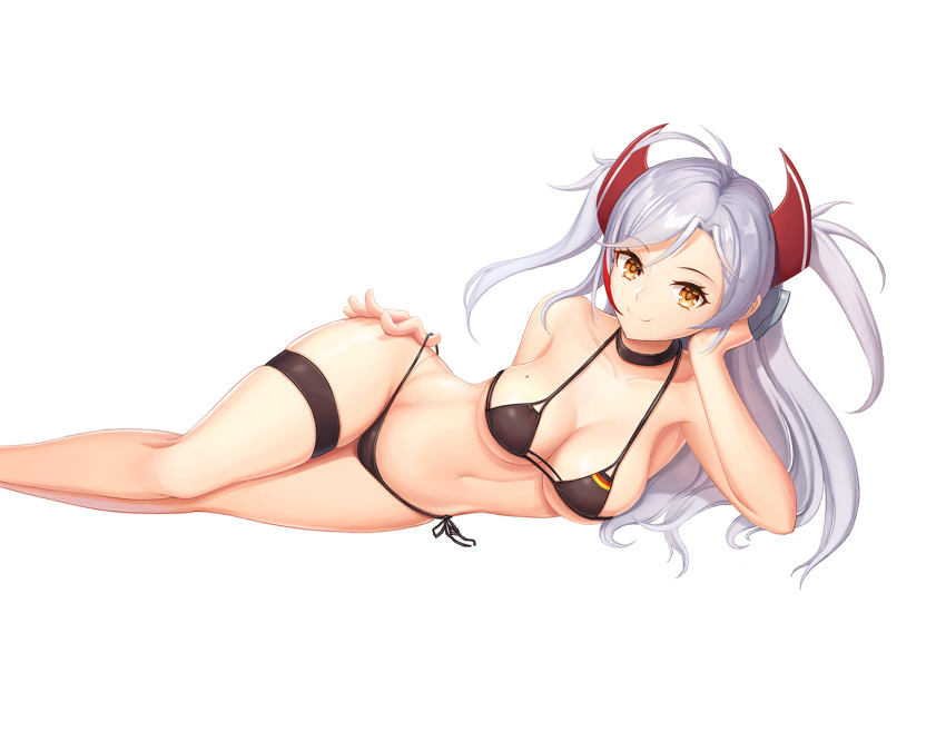 4coke alternate_costume antenna_hair armpits azur_lane bad_id bad_pixiv_id bangs bare_arms bikini black_bikini black_ribbon blush breasts brown_eyes choker cleavage closed_mouth commentary_request eyebrows_visible_through_hair feet_out_of_frame flag_print german_flag_bikini hair_between_eyes hair_ribbon head_on_hand large_breasts long_hair looking_at_viewer lying mole mole_on_breast multicolored_hair navel on_side orange_eyes prinz_eugen_(azur_lane) red_hair ribbon side-tie_bikini sidelocks silver_hair simple_background smile solo stomach streaked_hair swimsuit thigh_strap thighs two_side_up untied untied_bikini very_long_hair
