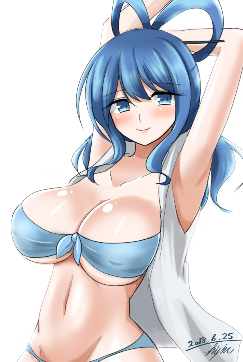 absurdres alternate_costume arm_behind_head armpits arms_up bandeau bangs bare_arms bikini blue_bikini blue_eyes blue_hair blush breasts cleavage closed_mouth clothing_request collarbone commentary_request covered_nipples cowboy_shot dated eyebrows_visible_through_hair from_side front-tie_bikini front-tie_top groin hair_between_eyes hair_ornament hair_rings hair_stick half_updo highres hips hisin kaku_seiga large_breasts light_smile long_hair looking_at_viewer looking_to_the_side lowleg lowleg_bikini navel open_clothes open_shirt shiny shiny_skin shirt sidelocks signature sketch sleeveless sleeveless_shirt smile solo standing strapless strapless_bikini swimsuit touhou underboob white_shirt