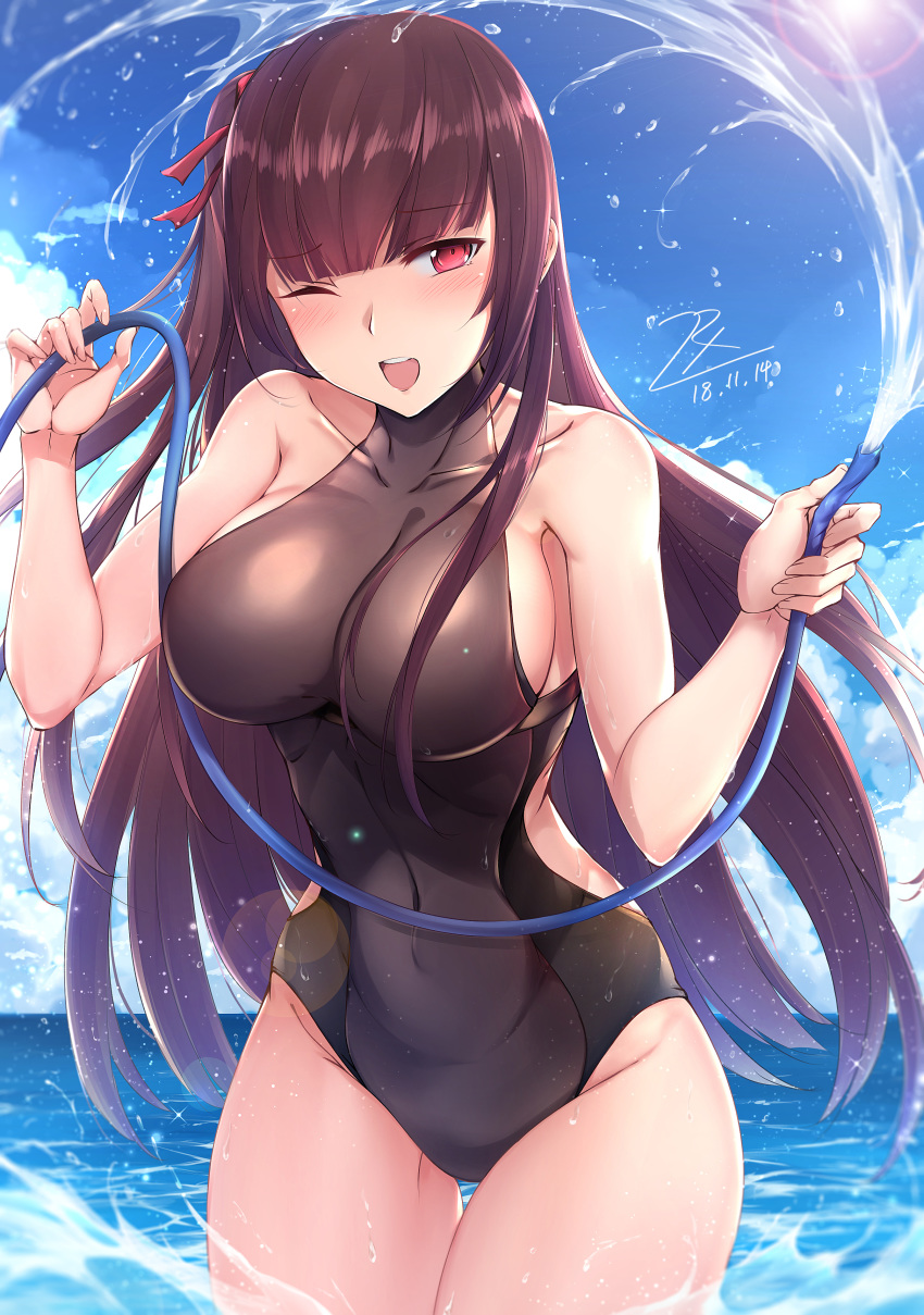 absurdres bangs black_swimsuit blue_sky blunt_bangs blush breasts casual_one-piece_swimsuit caustics cloud collarbone commentary commentary_request covered_collarbone covered_navel cowboy_shot dated day eyebrows_visible_through_hair girls_frontline groin groin_tendon hair_ribbon half-closed_eyes halterneck hands_up highres hips holding_hose horizon hose large_breasts legs_together lens_flare long_hair looking_at_viewer ocean one-piece_swimsuit one_eye_closed one_side_up open_mouth outdoors purple_hair raised_eyebrows red_eyes red_ribbon ribbon side_cutout sideboob signature skin_tight sky slender_waist smile sparkle splashing spraying standing straight_hair sun swimsuit thigh_gap thighs turtleneck upper_teeth very_long_hair wa2000_(girls_frontline) wading water water_drop wet zhishi_ge_fangzhang