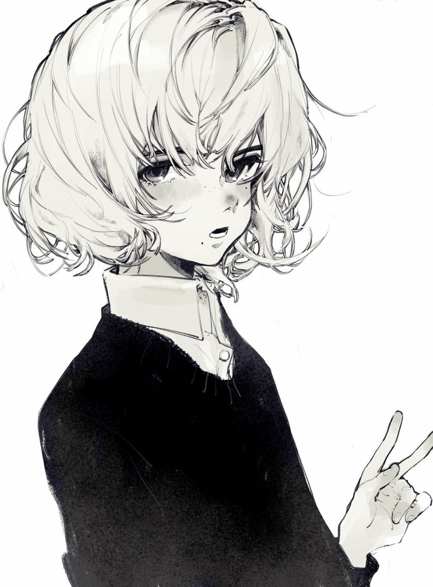 bangs commentary daruma_owl freckles greyscale hair_between_eyes hand_up highres looking_at_viewer monochrome original shirt_under_sweater simple_background solo symbol_commentary v white_background wing_collar