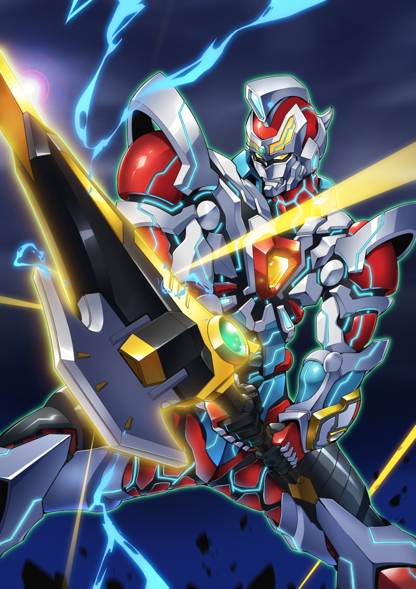 armor electricity fighting_stance gamiani_zero glowing gridman_(ssss) highres male_focus solo ssss.gridman sword two-handed_sword weapon