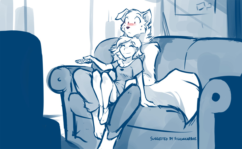 2018 anthro bare_shoulder barefoot blush breasts canine cleavage clothed clothing colin_(twokinds) controller digitigrade dog duo embarrassed eyes_closed female hi_res holding_object human inside keidran larger_male legwear male mammal monochrome nervous on_lap on_sofa remote_control samantha_potts sitting size_difference sketch smaller_female smile socks sofa sweat tom_fischbach topless twokinds webcomic window
