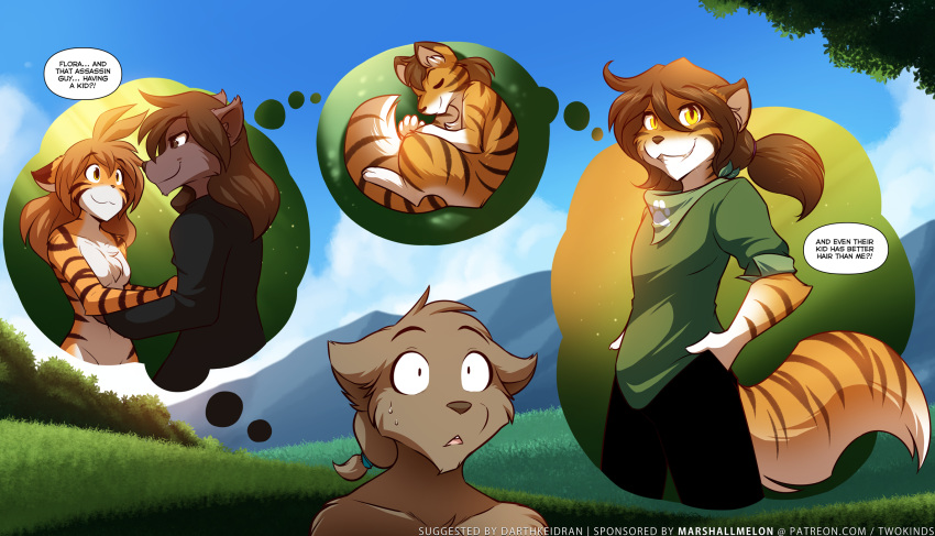 2018 2019 ambiguous_gender anthro baby breasts brown_fur canine casual_nudity chest_tuft clothed clothing cub curled_up day detailed_background duo english_text featureless_breasts feline female flora_(twokinds) fur grass grey_fur grin group hair hands_in_pockets hi_res hug humor hybrid keidran long_hair male mammal multicolored_fur natani nervous nude orange_fur outside pantherine ponytail shocked simple_background sky small_breasts smile solo_focus striped_fur stripes sweat sythe_(twokinds) teenager text thought_bubble tiger tom_fischbach tuft twokinds webcomic white_fur wolf yellow_eyes young