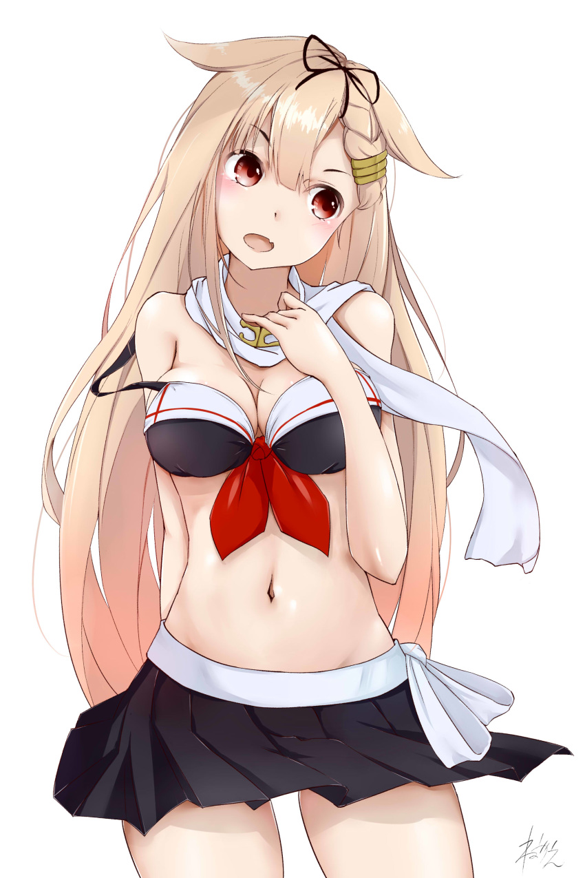 absurdres alternate_costume bikini black_ribbon blonde_hair breasts commentary_request gradient_hair hair_ornament hair_ribbon hairclip highres kantai_collection long_hair medium_breasts messy_hair multicolored_hair neckerchief neve red_eyes red_neckwear remodel_(kantai_collection) ribbon sailor_bikini sailor_collar scarf simple_background solo swimsuit very_long_hair white_background white_scarf yuudachi_(kantai_collection)