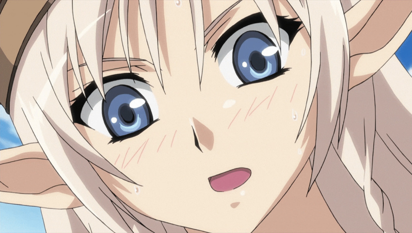 alleyne_(queen's_blade) animated animated_gif beret blush bouncing_breasts breasts elf hat large_breasts nipples pointy_ears queen's_blade topless white_hair